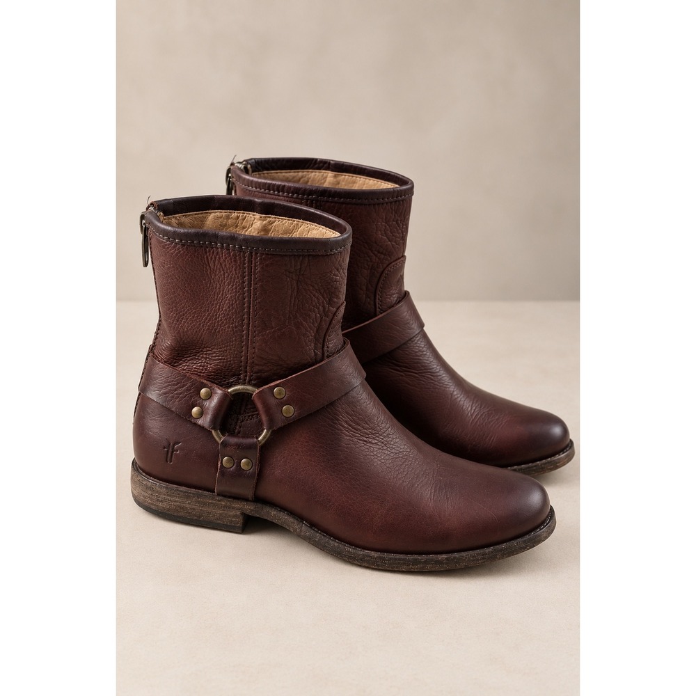 Frye Phillip Harness Dark Brown Leather Ankle Boots 76870 Womens 9 B